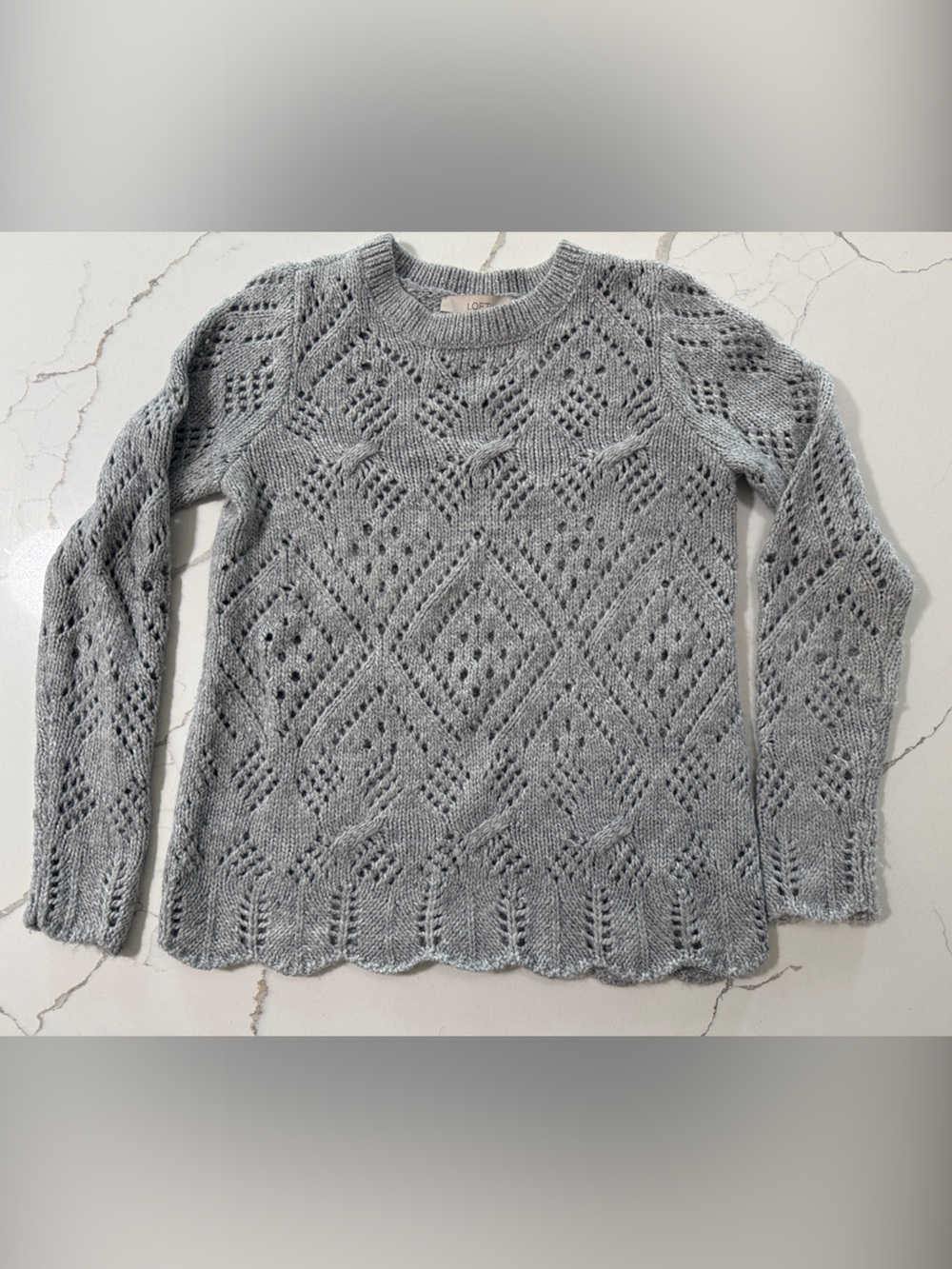 LOFT Light Gray Openwork Crewneck Sweater